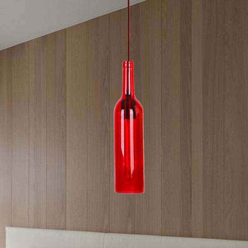 Red/Yellow 1 Head Hanging Light Fixture Vintage Style Glass Wine Bottle Suspension Lamp for Dining Room