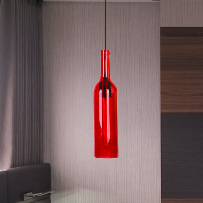 Red/Yellow 1 Head Hanging Light Fixture Vintage Style Glass Wine Bottle Suspension Lamp for Dining Room