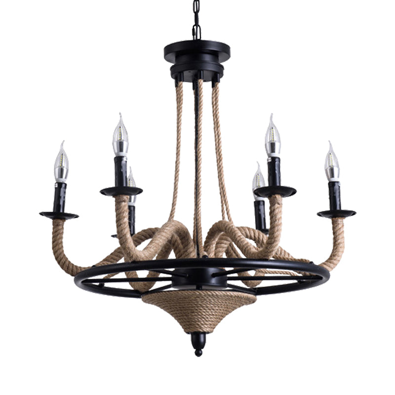 6 Bulb Chandelier Pendant Light Vintage Wagon Wheel Metal Hanging Lamp with Rope Detail in Black