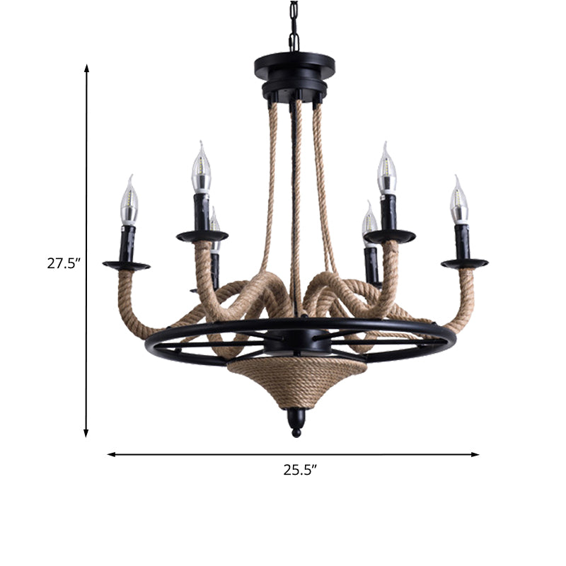 6 Bulb Chandelier Pendant Light Vintage Wagon Wheel Metal Hanging Lamp with Rope Detail in Black