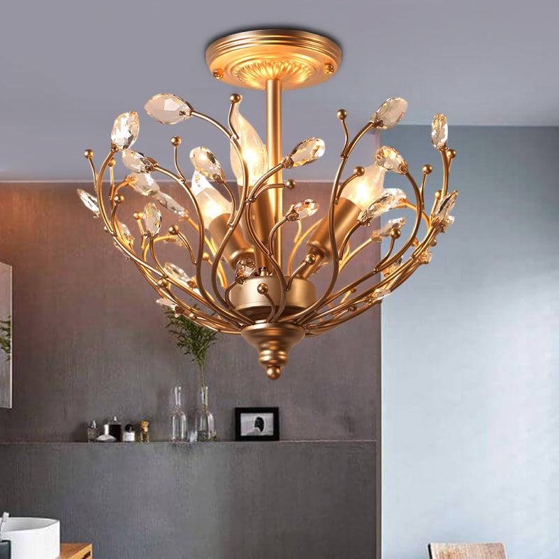 Metal Branch Semi Flush Light Contemporary 3 Lights Gold Ceiling Mount Light with Crystal Leaf