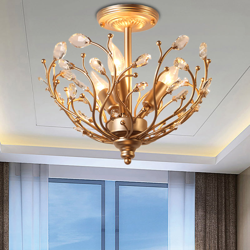 Metal Branch Semi Flush Light Contemporary 3 Lights Gold Ceiling Mount Light with Crystal Leaf