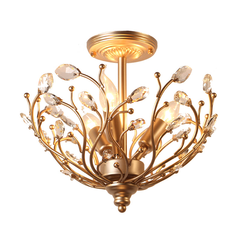 Metal Branch Semi Flush Light Contemporary 3 Lights Gold Ceiling Mount Light with Crystal Leaf