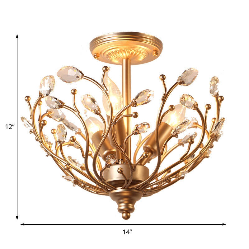 Metal Branch Semi Flush Light Contemporary 3 Lights Gold Ceiling Mount Light with Crystal Leaf