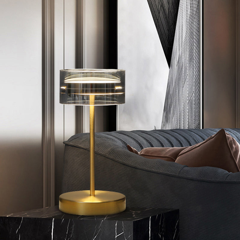 Brass Cylindrical LED Table Lamp Minimalist Smoke Glass Night Stand Light for Bedroom