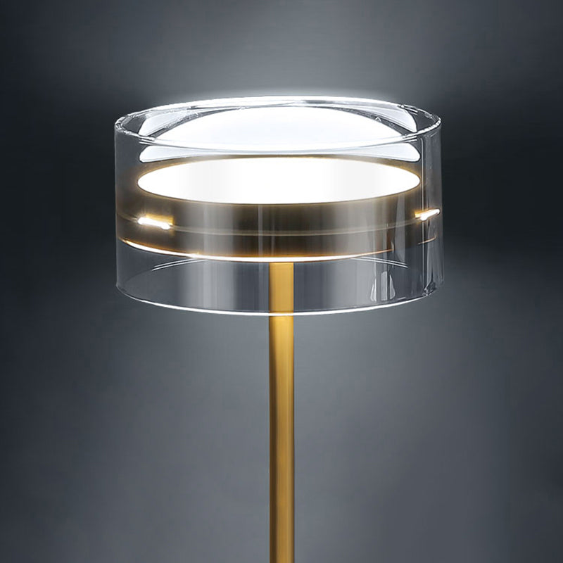 Brass Cylindrical LED Table Lamp Minimalist Smoke Glass Night Stand Light for Bedroom