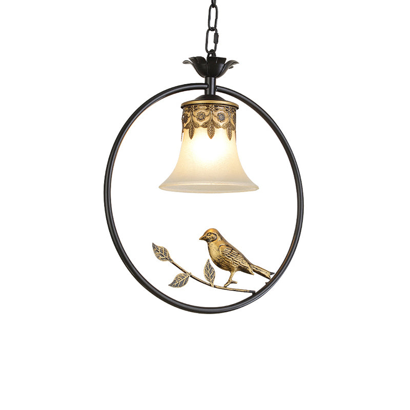 Rustic Flared Pendant Light Fixture Single Frosted Glass Hanging Lamp with Bird and Ring in Black-Bronze