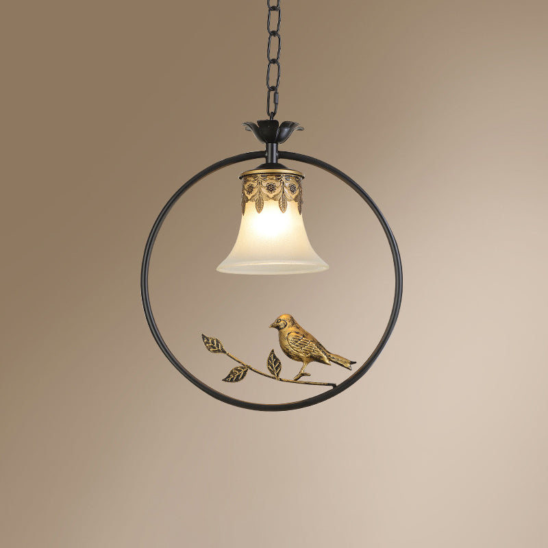 Rustic Flared Pendant Light Fixture Single Frosted Glass Hanging Lamp with Bird and Ring in Black-Bronze