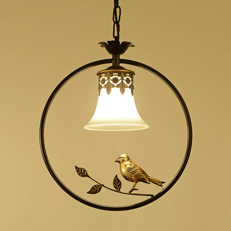 Rustic Flared Pendant Light Fixture Single Frosted Glass Hanging Lamp with Bird and Ring in Black-Bronze