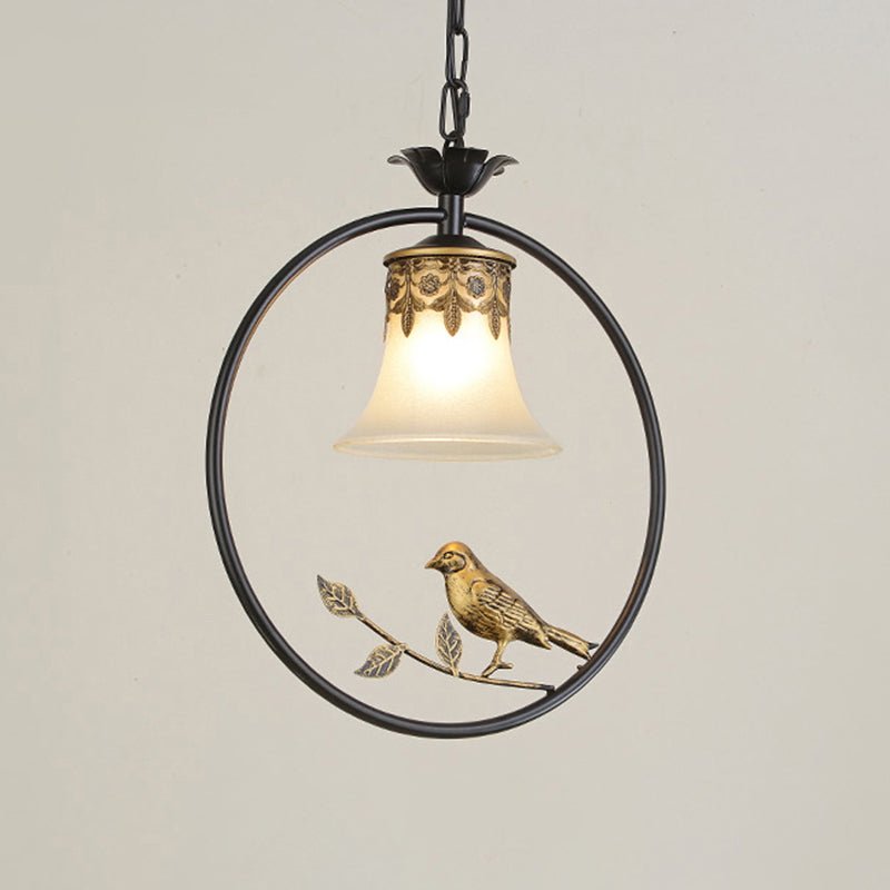 Rustic Flared Pendant Light Fixture Single Frosted Glass Hanging Lamp with Bird and Ring in Black-Bronze