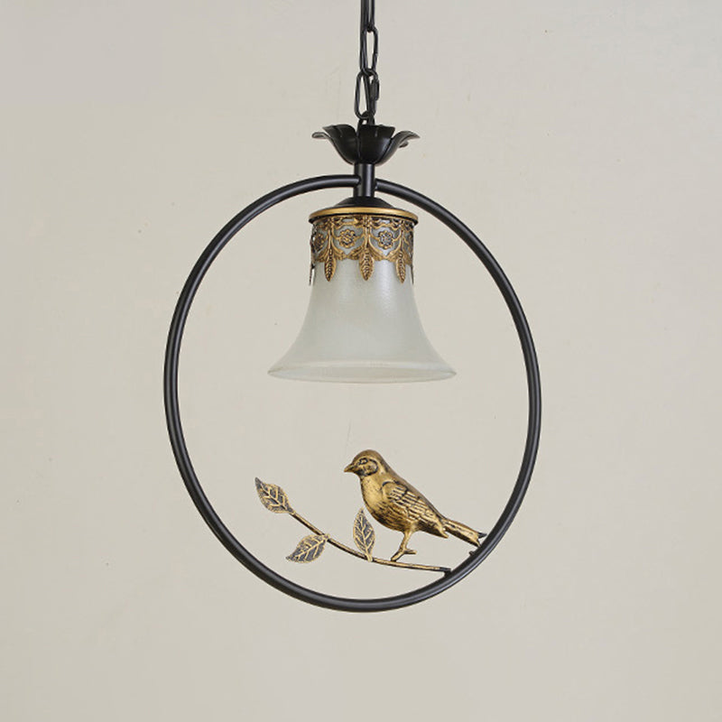 Rustic Flared Pendant Light Fixture Single Frosted Glass Hanging Lamp with Bird and Ring in Black-Bronze