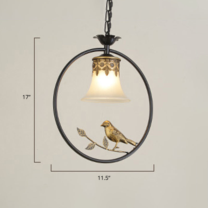 Rustic Flared Pendant Light Fixture Single Frosted Glass Hanging Lamp with Bird and Ring in Black-Bronze