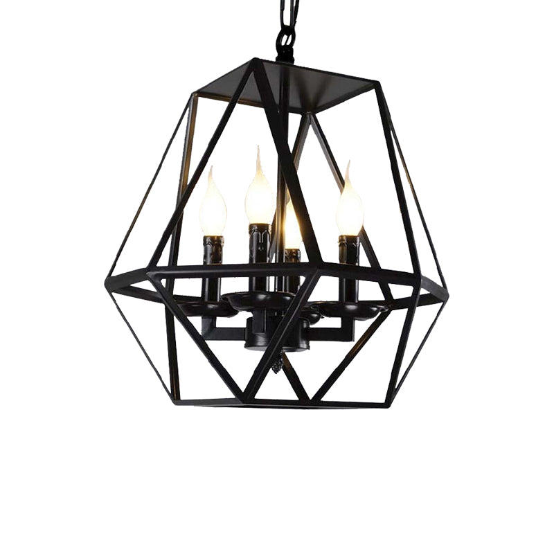Black 4 Heads Ceiling Light Fixture Retro Industrial Metal Geometric Cage Chandelier Lamp with Adjustable Chain