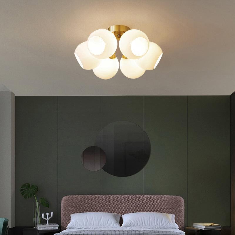 Domed Bedroom Semi Flush Mount Lighting Cream Glass Simplicity Ceiling Lamp in Brass