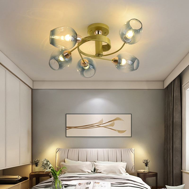 Postmodern Ceiling Flush Mount Spiraling Semi Flush Light with Dimpled Glass Shade for Bedroom