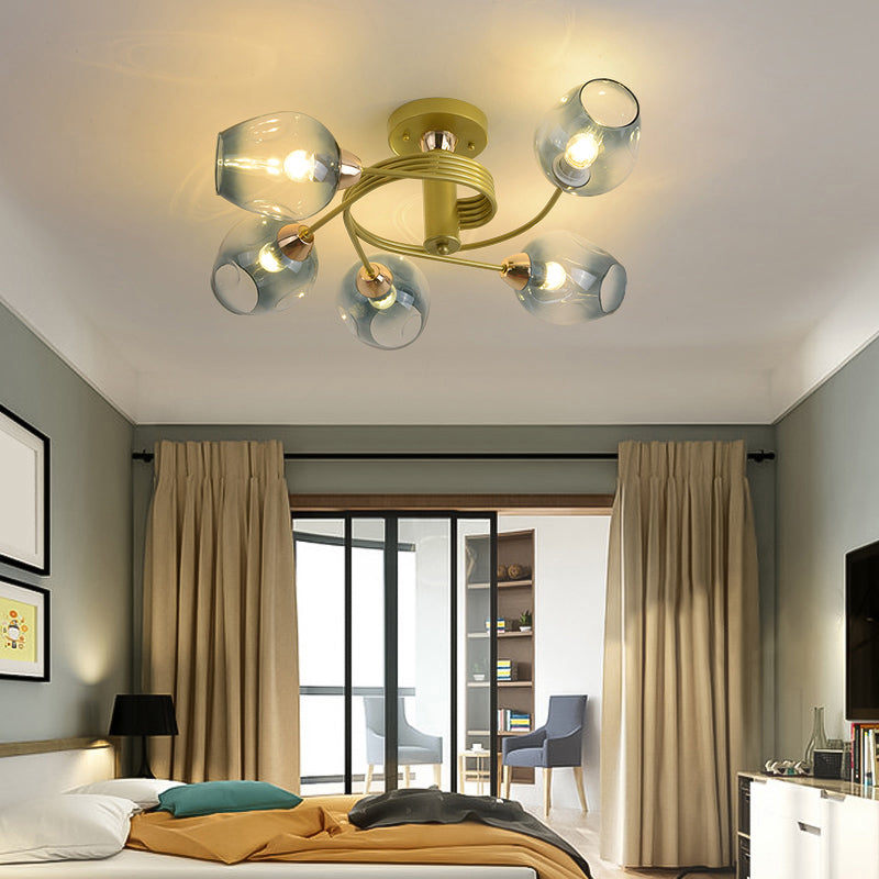 Postmodern Ceiling Flush Mount Spiraling Semi Flush Light with Dimpled Glass Shade for Bedroom