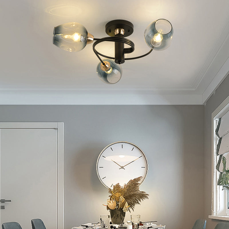 Plafond postmoderne Mound Mount Spiraling Semi Flush Light avec une teinte en verre allongée pour la chambre