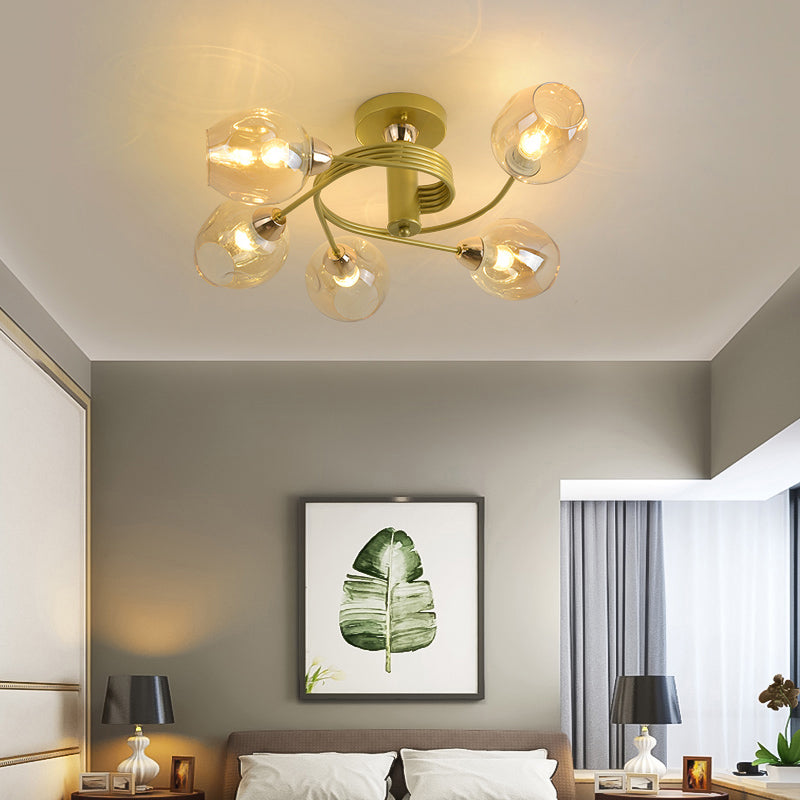 Postmodern Ceiling Flush Mount Spiraling Semi Flush Light with Dimpled Glass Shade for Bedroom