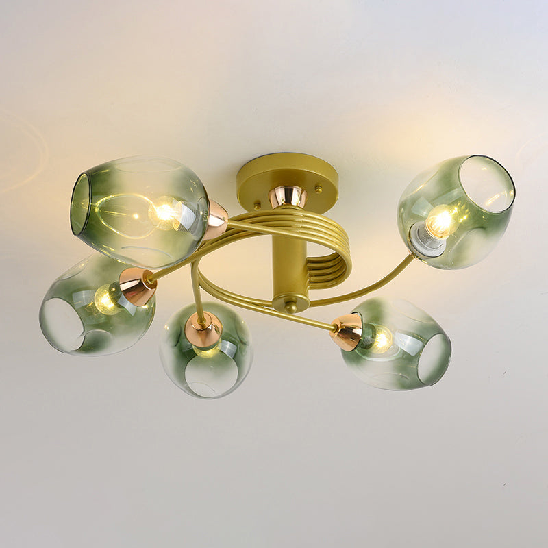 Postmodern Ceiling Flush Mount Spiraling Semi Flush Light with Dimpled Glass Shade for Bedroom