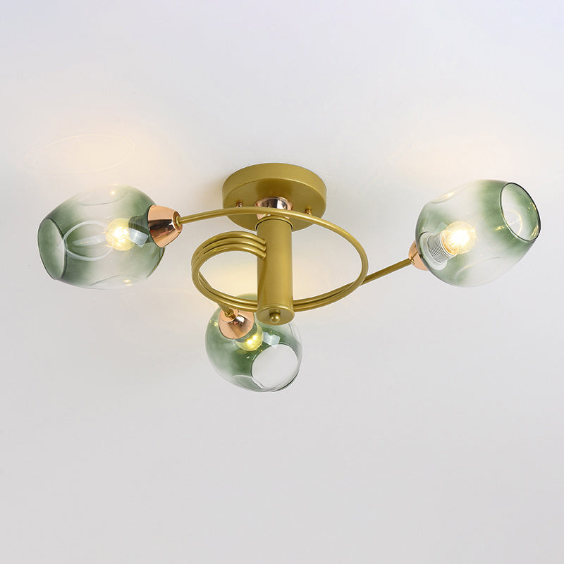 Plafond postmoderne Mound Mount Spiraling Semi Flush Light avec une teinte en verre allongée pour la chambre