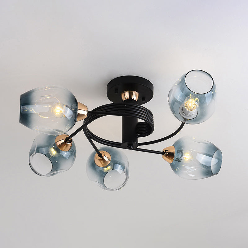 Plafond postmoderne Mound Mount Spiraling Semi Flush Light avec une teinte en verre allongée pour la chambre