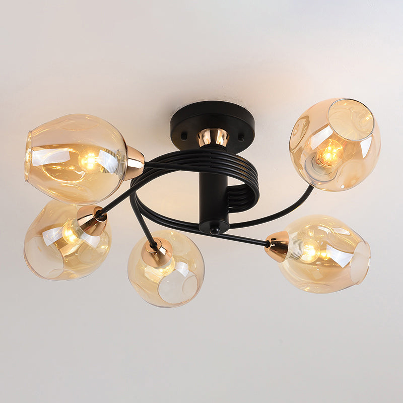 Postmodern Ceiling Flush Mount Spiraling Semi Flush Light with Dimpled Glass Shade for Bedroom