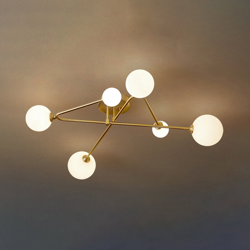 Orb Shaped Milk Glass Flush Ceiling Light Postmodern Brass Semi Flush Mount Fixture