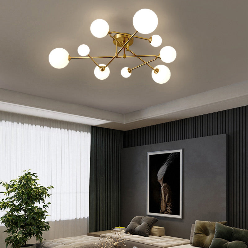 Orb Shaped Milk Glass Flush Ceiling Light Postmodern Brass Semi Flush Mount Fixture