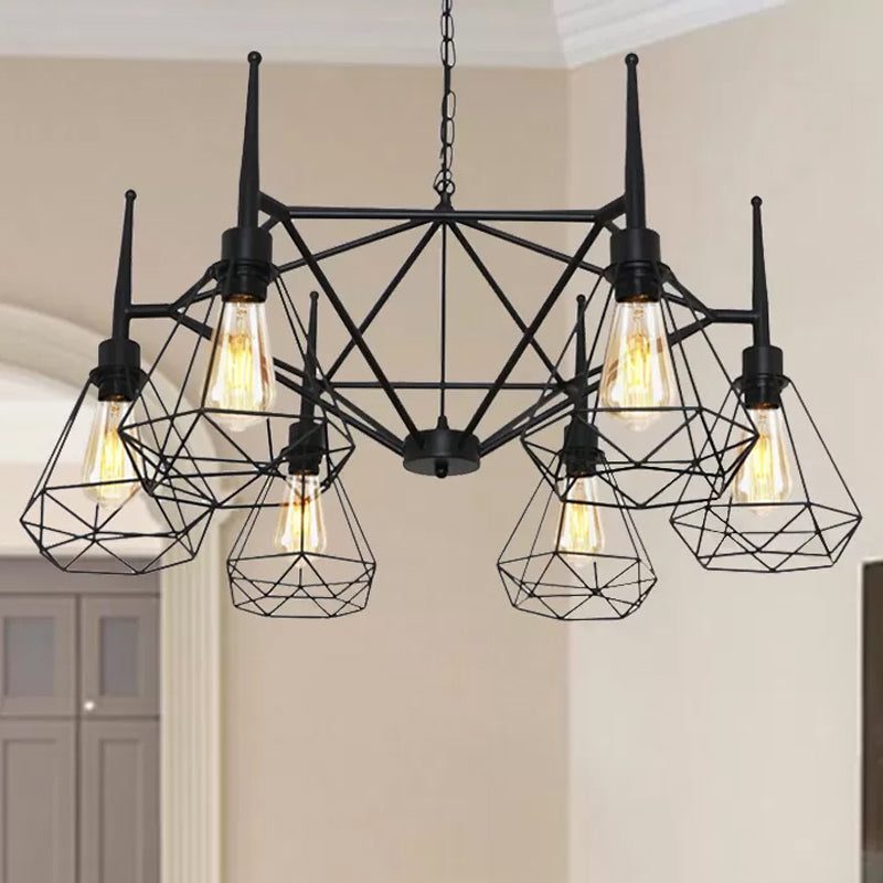 Multi Light Chandelier Lamp Retro Industrial Cage Diamond Iron Ceiling Pendant Light with Adjustable Chain in Black