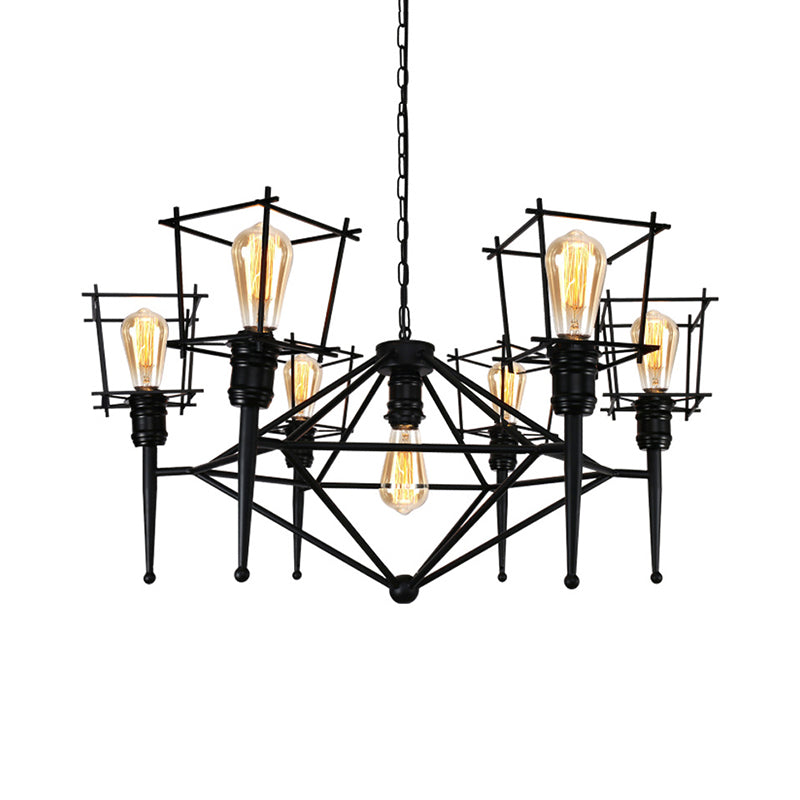 Squared Cage Iron Pendant Lighting Industrial Multi Light Restaurant Chandelier Lighting in Black