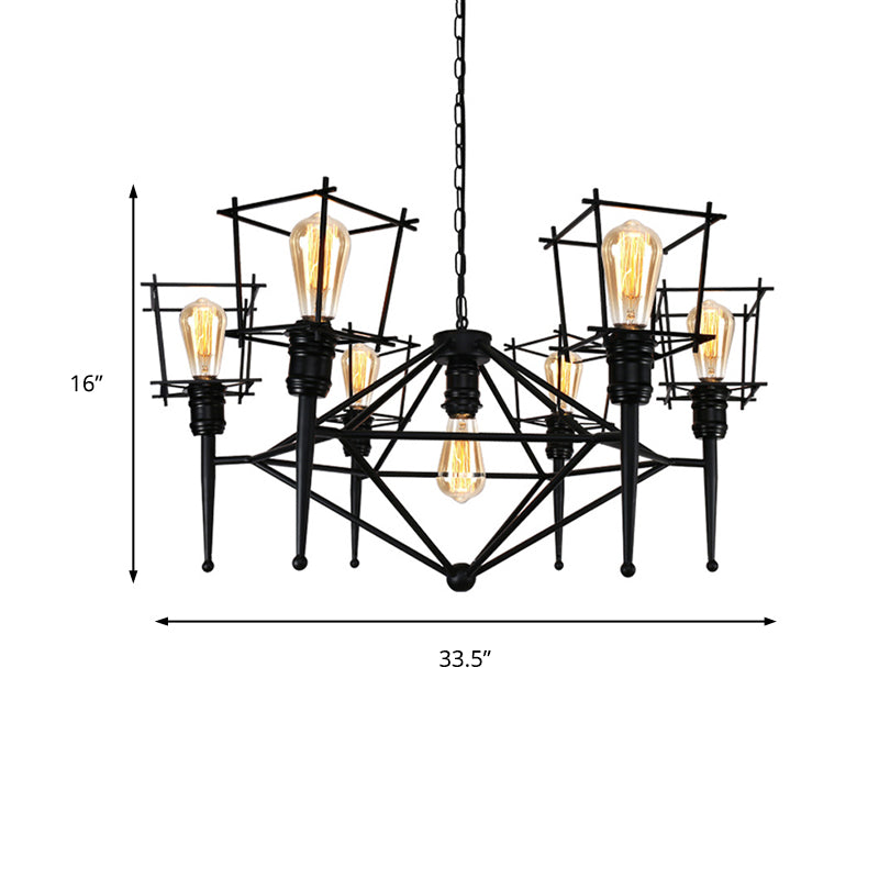 Squared Cage Iron Pendant Lighting Industrial Multi Light Restaurant Chandelier Lighting in Black