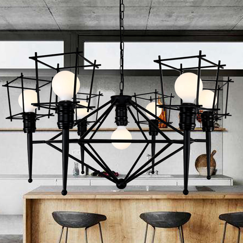 Squared Cage Iron Pendant Lighting Industrial Multi Light Restaurant Chandelier Lighting in Black