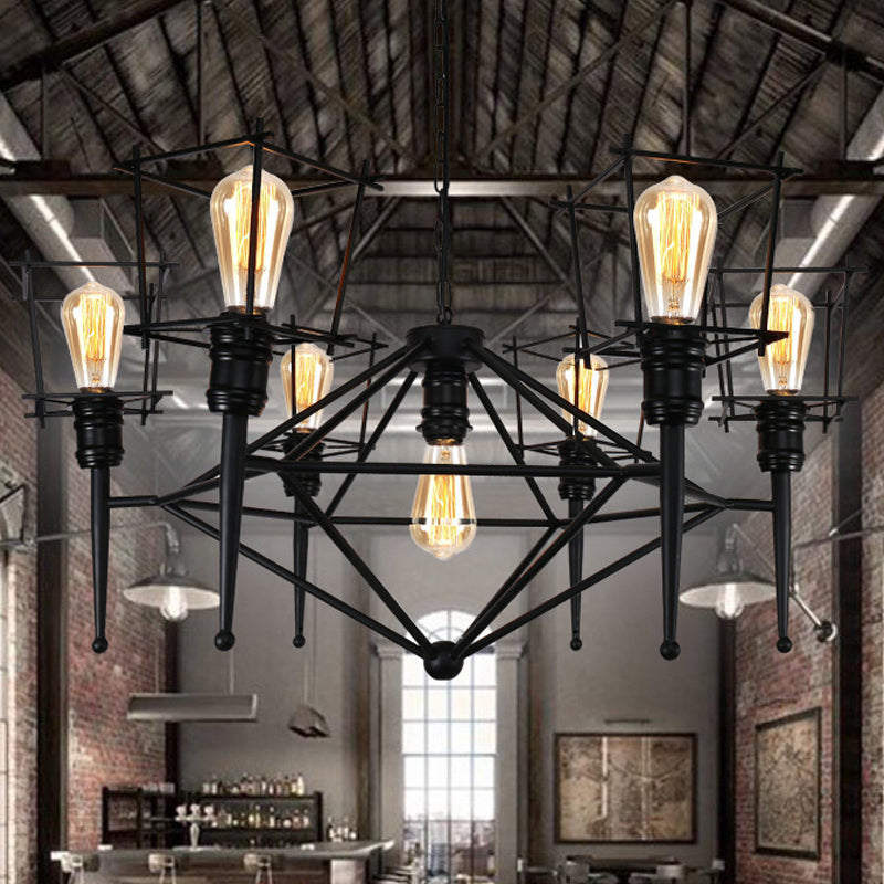 Squared Cage Iron Pendant Lighting Industrial Multi Light Restaurant Chandelier Lighting in Black