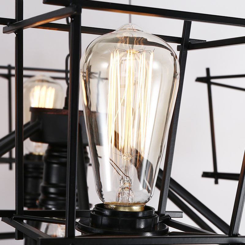 Squared Cage Iron Pendant Lighting Industrial Multi Light Restaurant Chandelier Lighting in Black