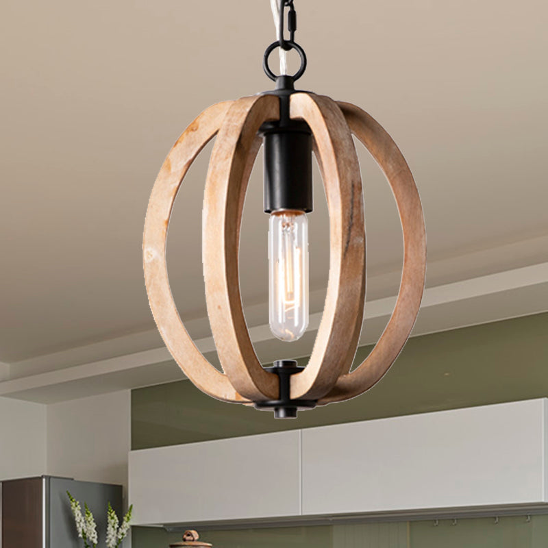 Orb in stile country Drop Light Wood One Light Affermazione Luce a sospensione in nero per foyer