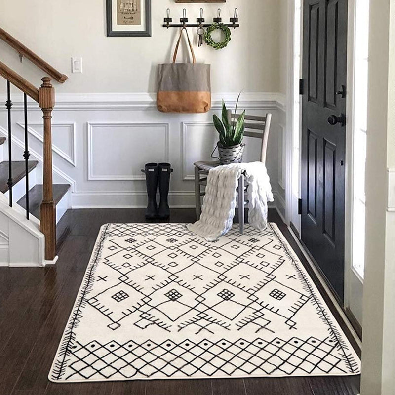 White Geometric Print Rug Lamb Wool Boho Area Carpet Easy Care Pet Friendly Washable Indoor Rug for Bedroom