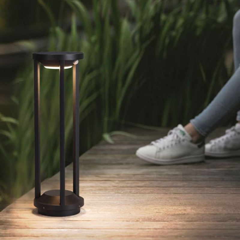 Simple Solar LED Path Lamp Black Cylindrical Ground Light with Metal Frame for Patio