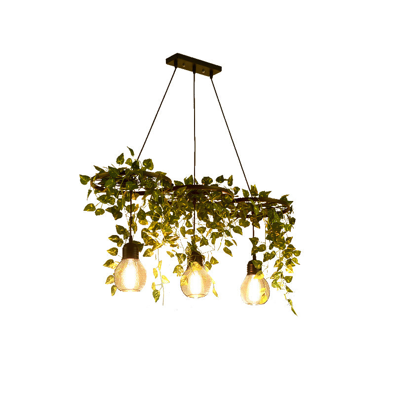 3 Heads Wagon Wheel Chandelier Farmhouse Green Metal Hanging Light with Artificial Ivy Deco