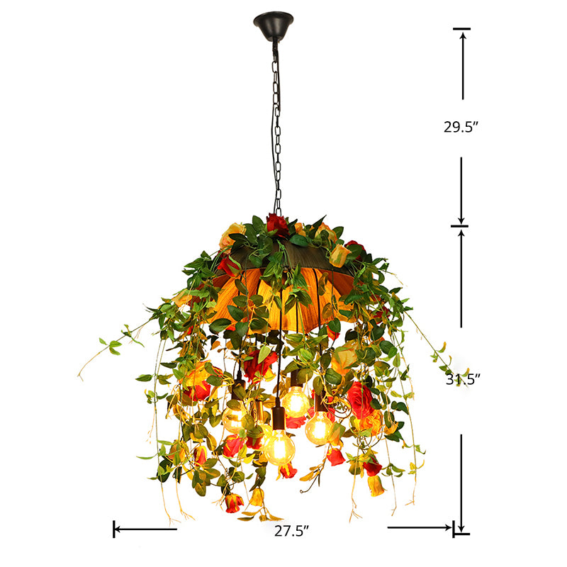 Orange 5-Bulb Pendant Lighting Rustic Metal Dome Chandelier with Art Flower and Leaf