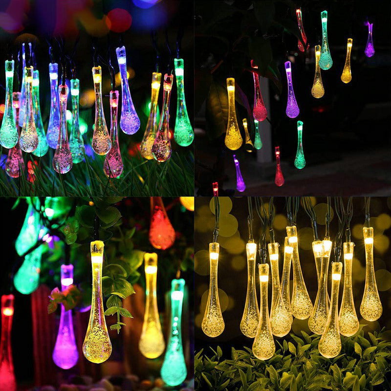 Artistic Raindrop Solar LED String Lighting Plastic 30-Bulb Garden Christmas Light in Black, 21.3ft