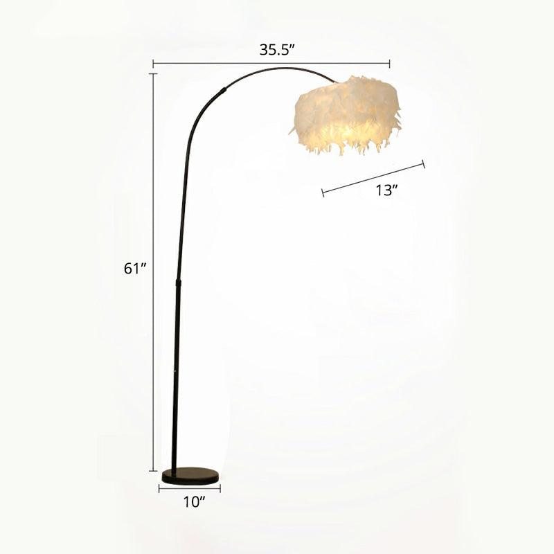 Feather Drum Stand Up Lamp Nordic 1 Bulb Floor Light with Fishing Rod Arm for Bedroom