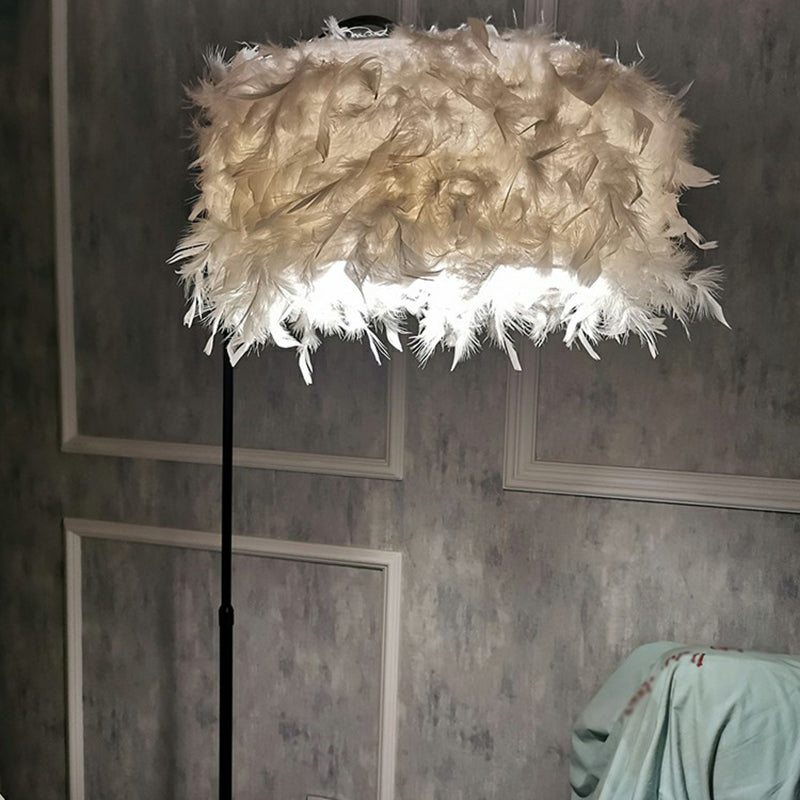 Feather Drum Stand Up Lamp Nordic 1 Bulb Floor Light with Fishing Rod Arm for Bedroom