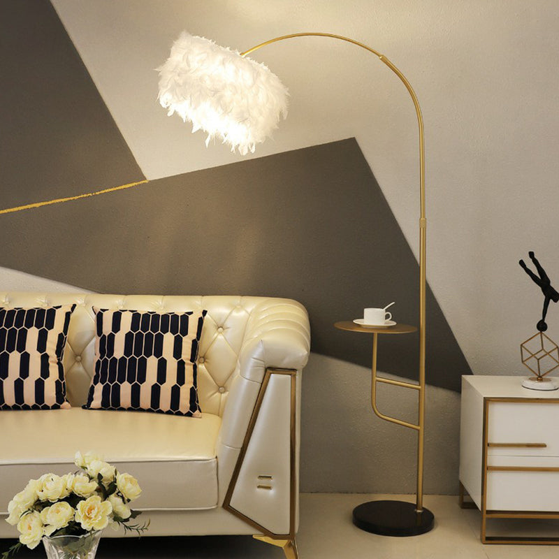 Postmodern Drum Floor Lamp Feather Single Living Room Standing Light with Table and Arc Arm