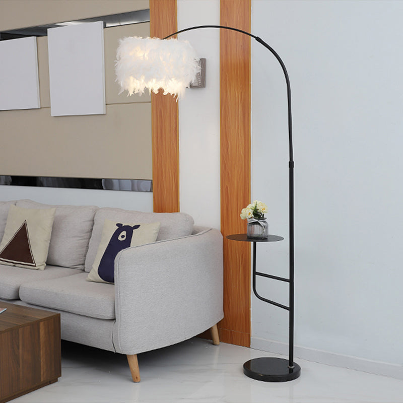 Postmodern Drum Floor Lamp Feather Single Living Room Standing Light with Table and Arc Arm