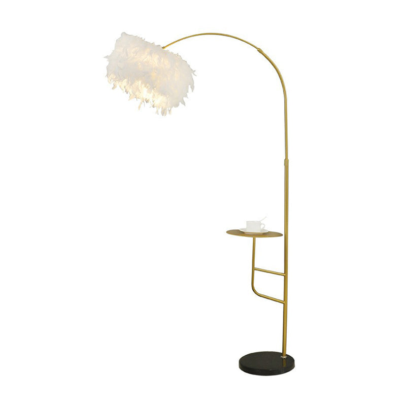 Postmodern Drum Floor Lamp Feather Single Living Room Standing Light with Table and Arc Arm