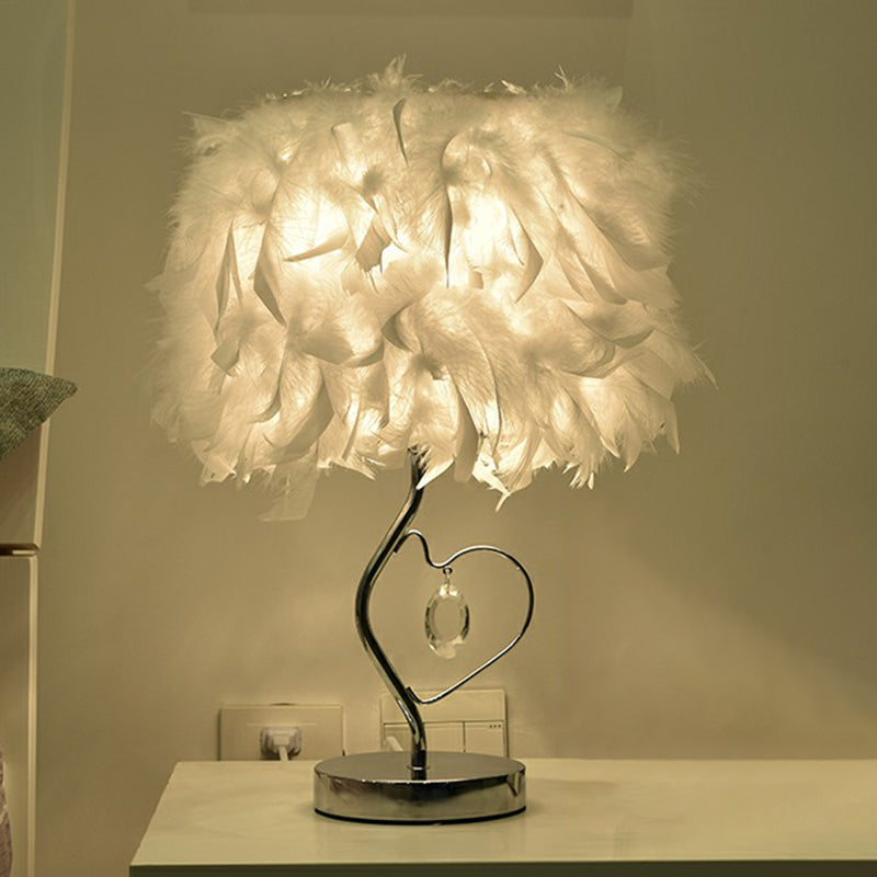 Cylindrical Bedroom Table Light Natural Feather Single-Bulb Nordic Nightstand Lamp