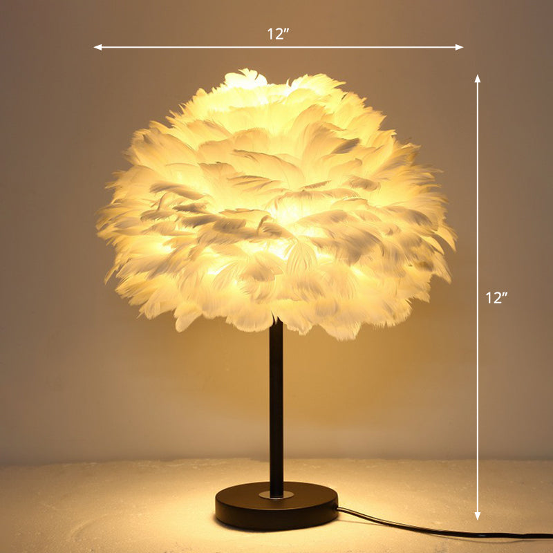 Feather Lampshade Nightstand Lamp Minimalist 1-Bulb Black Table Light for Bedroom