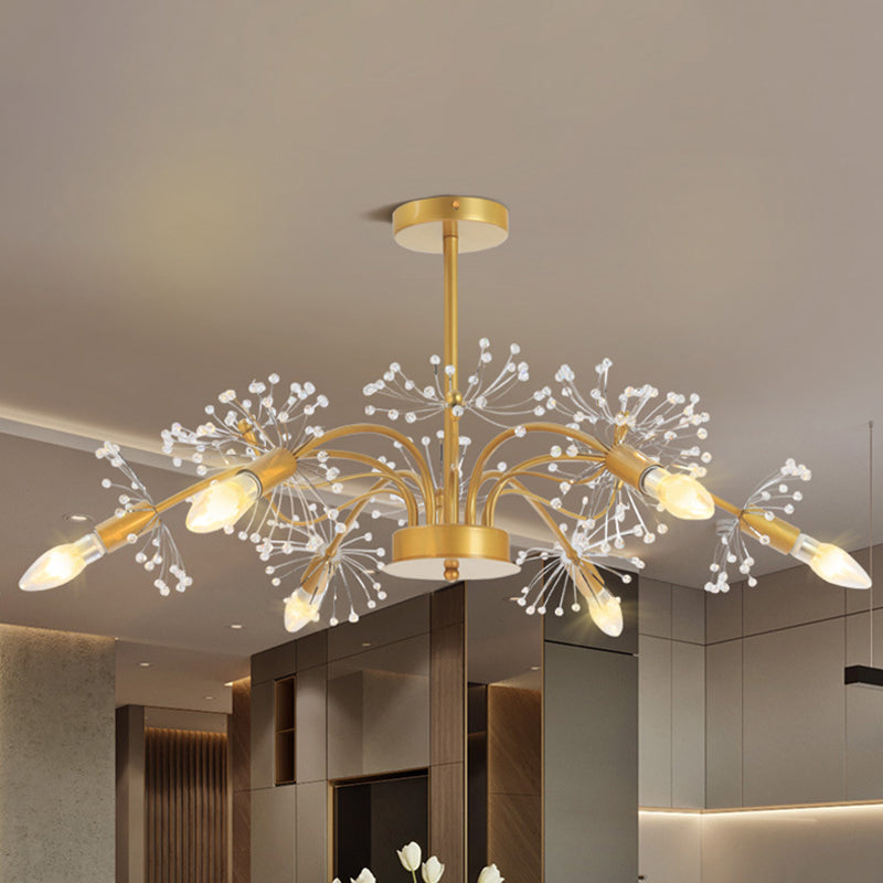 Elegant Gold Ceiling Pendant Light Candle 7 Lights Metal Chandelier with Crystal Dandelion for Hotel