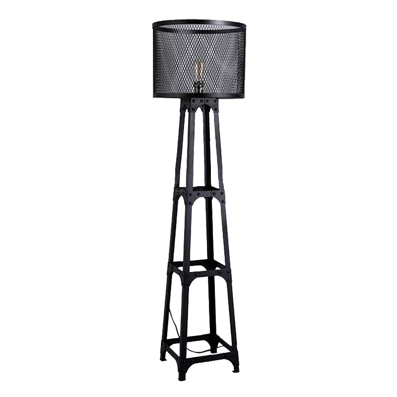 1 Kopfnetzbildschirm Stehlicht mit Drum Shade Retro Industrial Black Finish Metall Stehende Bodenlicht