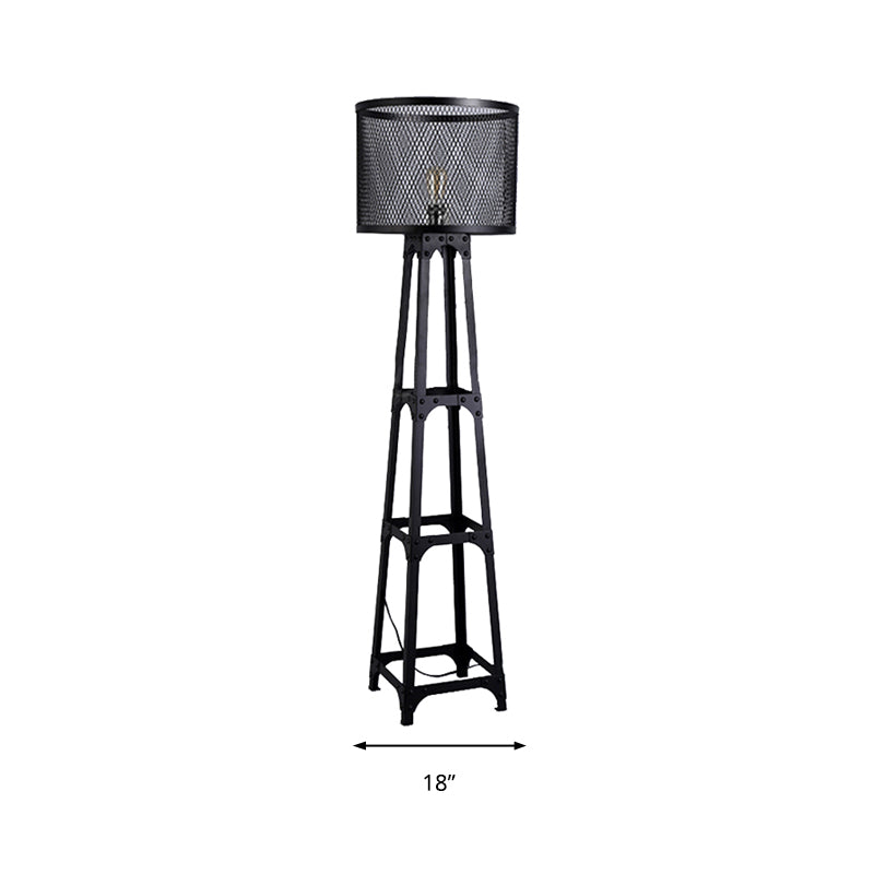 1 Kopfnetzbildschirm Stehlicht mit Drum Shade Retro Industrial Black Finish Metall Stehende Bodenlicht